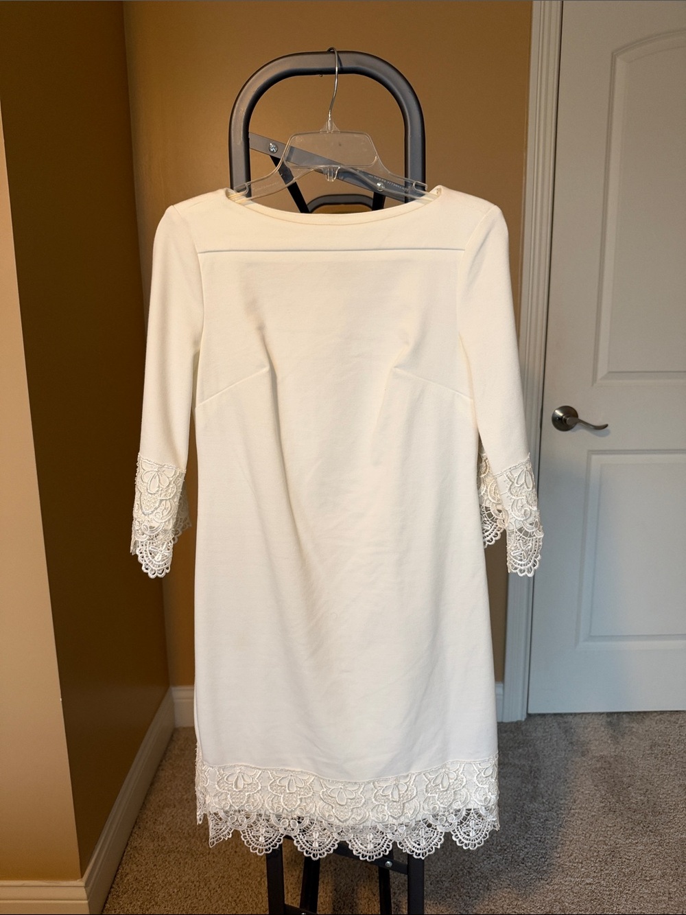 ECI Cream Long-Sleeve Shift Dress with Lace Trim